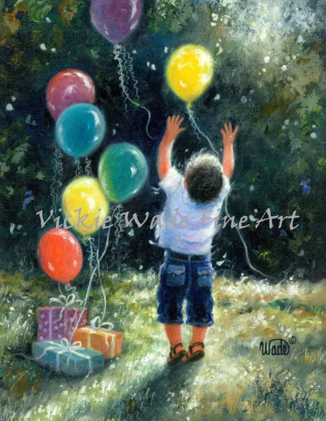 Little Birthday Boy Reaching for Bright Party Balloons Poster