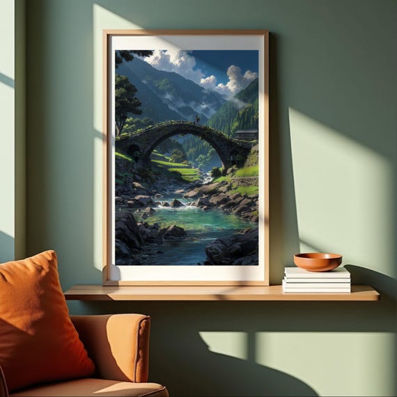 Ghibli Inspired Countryside Bridge Print Anime Style Landscape 5 Sizes