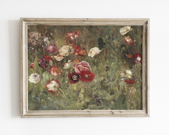Vintage Red Flower Painting, Rustic Farmhouse Art Print