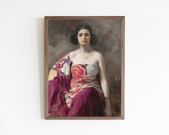 Vivid Eclectic Portrait of a Woman in a Floral Shawl Oil Art Poster