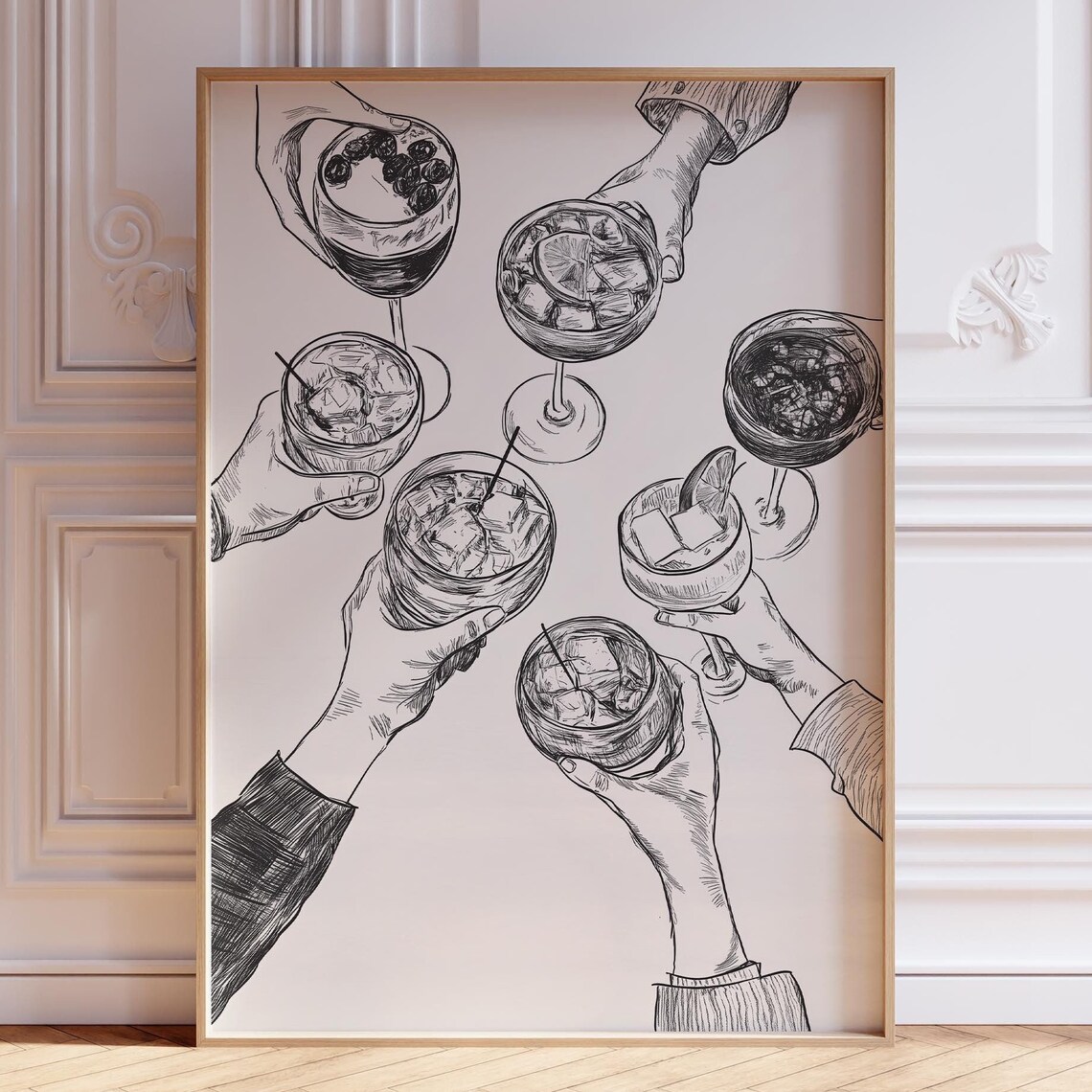 Hand Drawn Cocktail Cheers Ink Sketch Retro Bar Cart Party Gathering Wall Poster