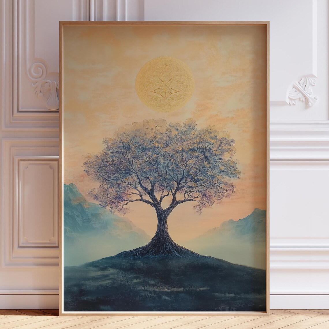 Tree of Life Beneath a Golden Sun Over Misty Mountains Art Print