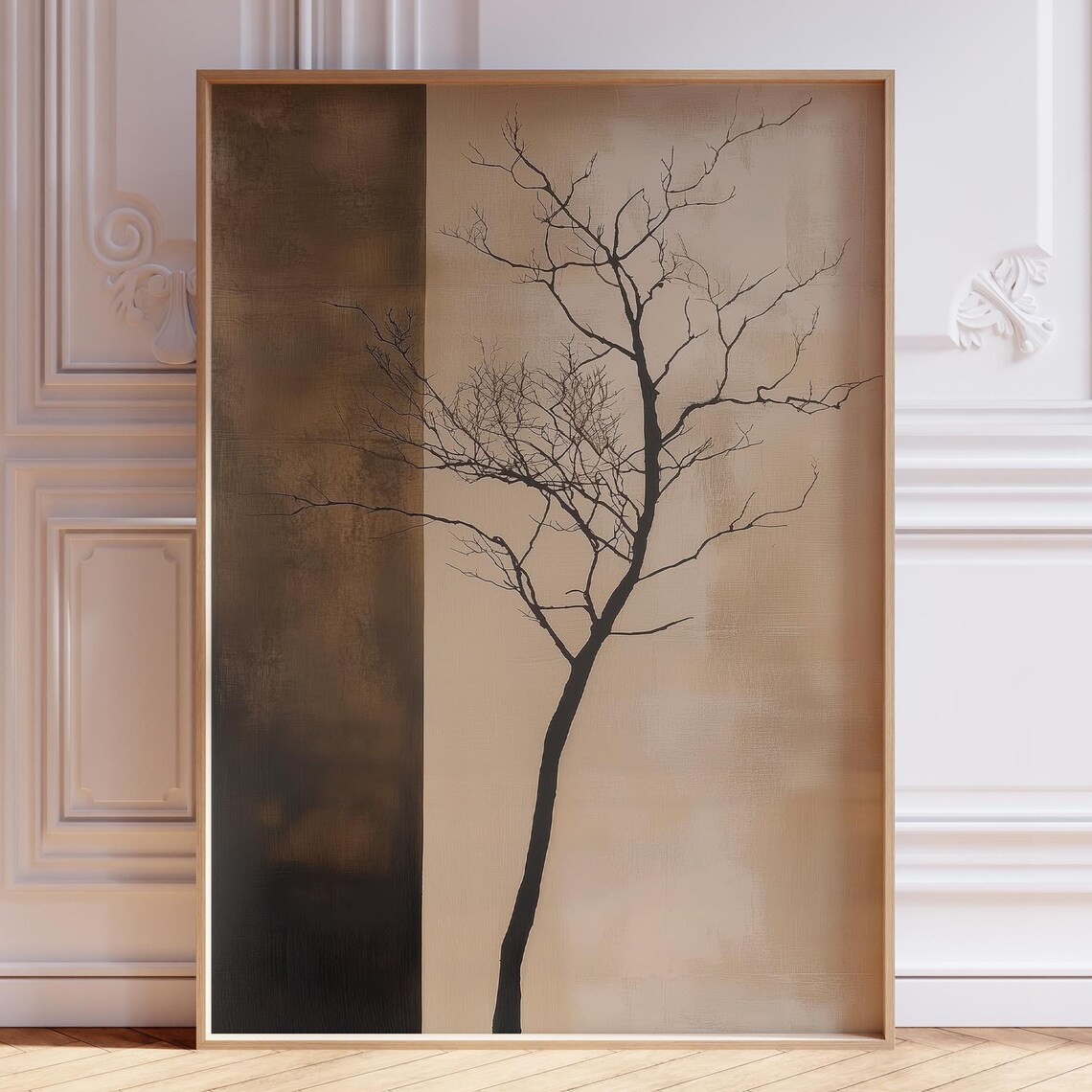Right-Leaning Bare Tree Dark Brown Block Minimalist Art Poster