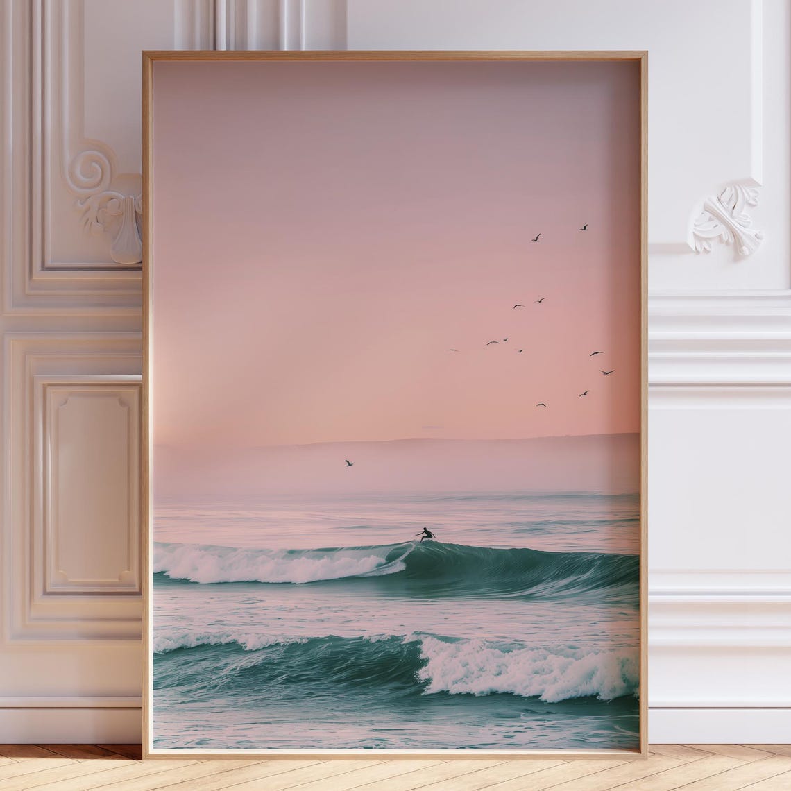 Lone Surfer Riding A Wave At Pink Ocean Sunset Coastal Poster