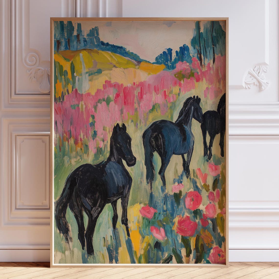 Black Horses In Pink Wildflower Meadow Fauvist Art Wall Poster