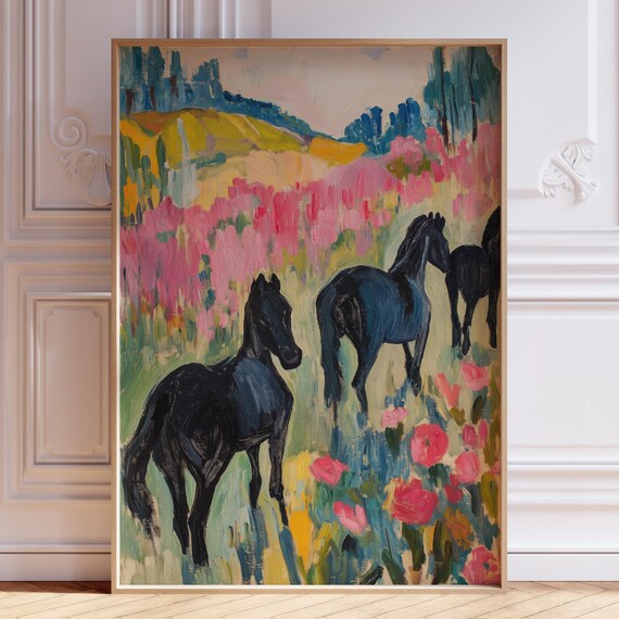 Black Horses In Pink Wildflower Meadow Fauvist Art Wall Poster