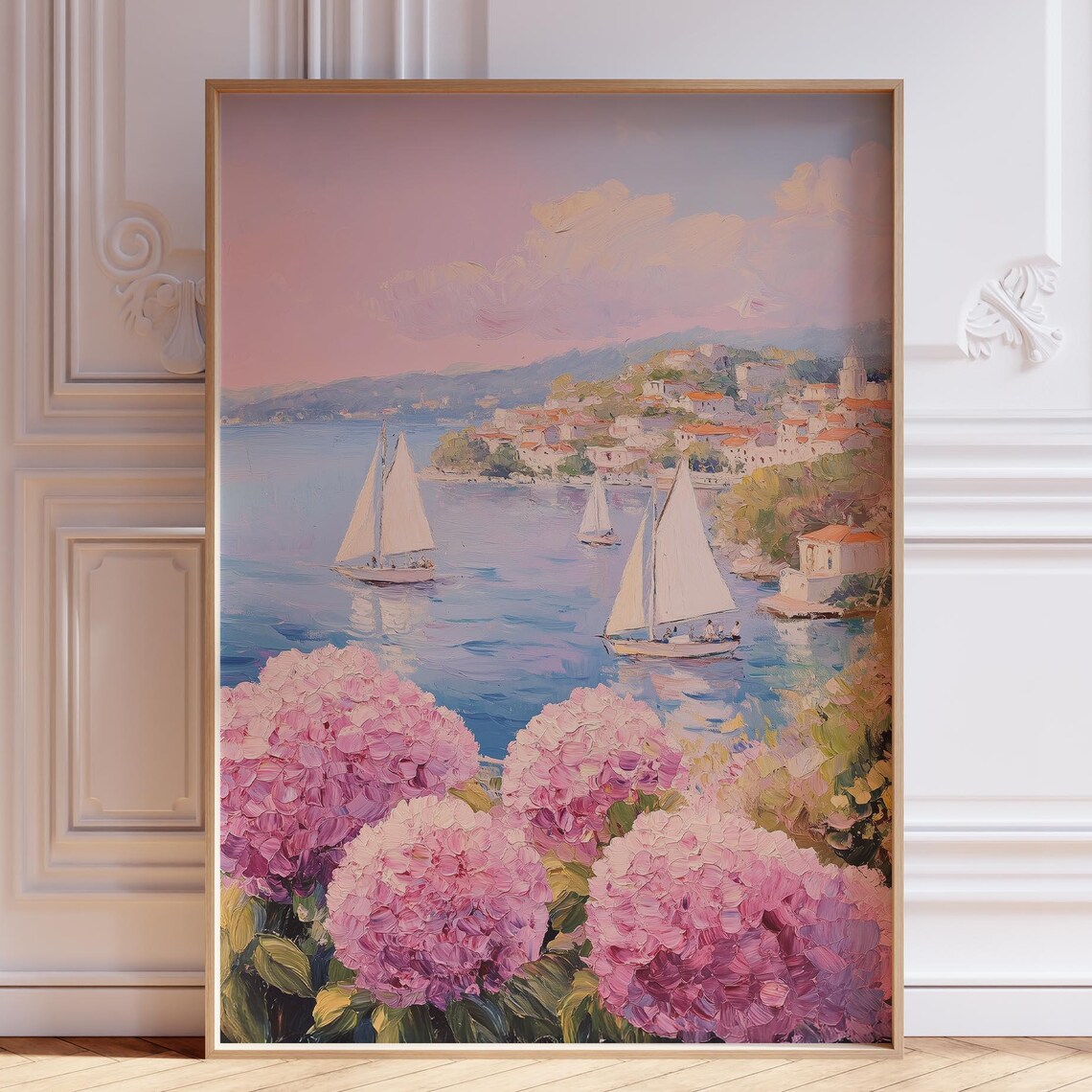 Pink Hydrangeas Sailboats Coastal Village Impasto Floral Art Poster