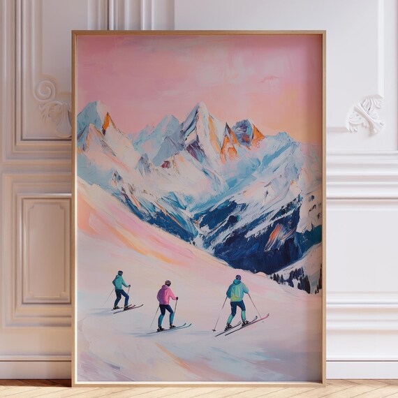 Pink Ski Wall Art Girly Print Pastel Skiing Cute Nursery Poster Trendy Mountain