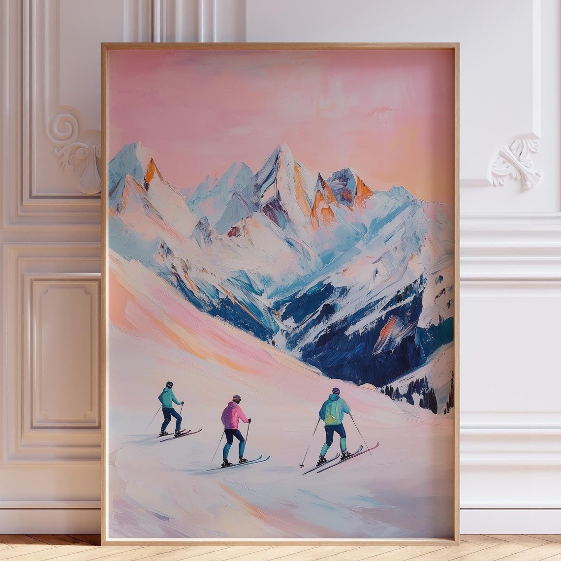 Pastel Pink Ski Mountain Alpine Skiers Winter Painting Art Print