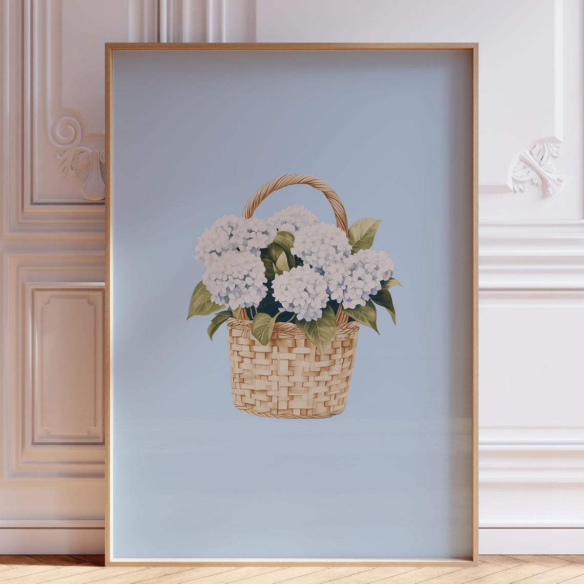 White Hydrangeas In Wicker Basket Coastal Floral Still Life Poster