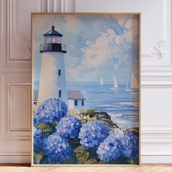 Blue Hydrangeas At Coastal Lighthouse Sailboat Scenic Art Poster