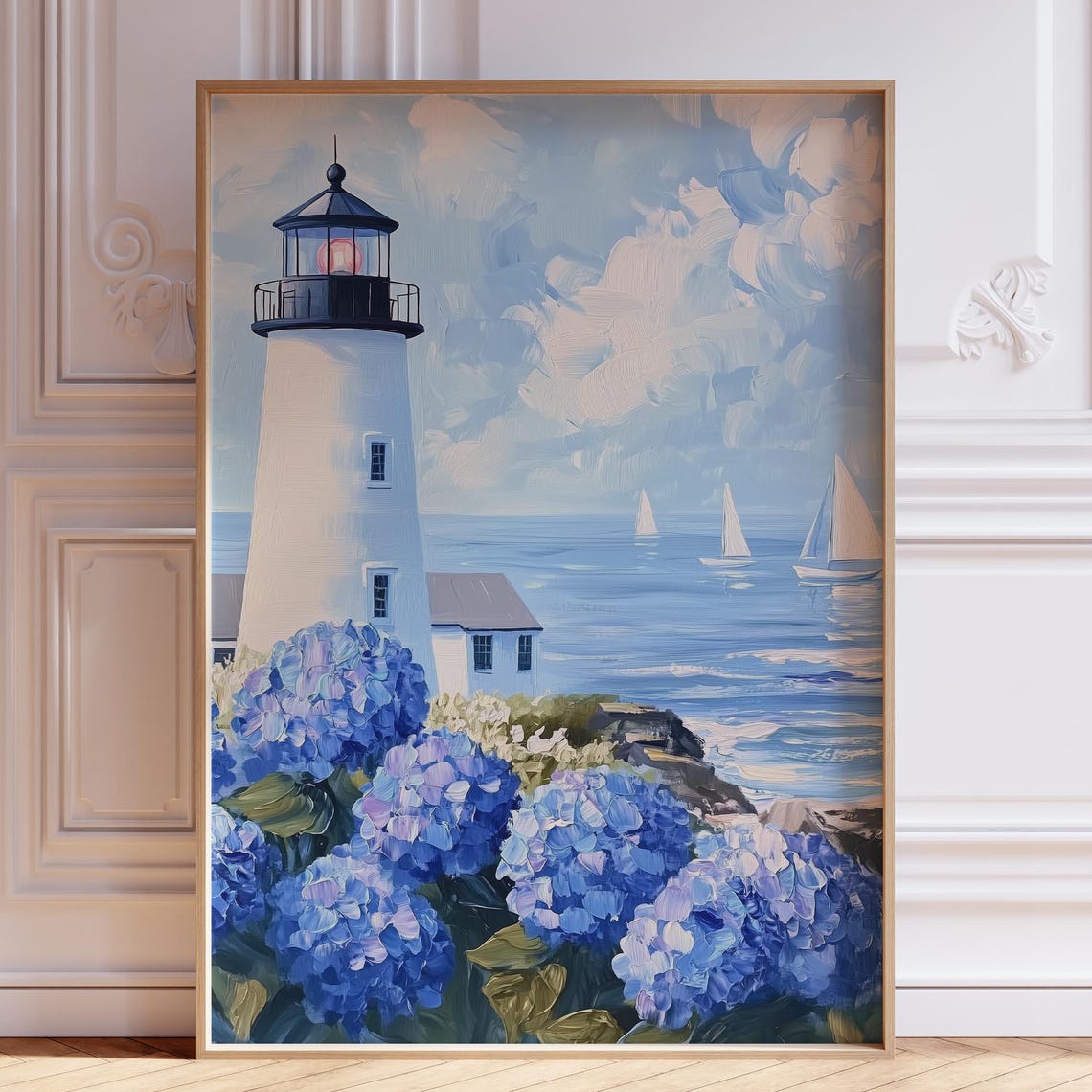 Blue Hydrangeas At Coastal Lighthouse Sailboat Scenic Art Poster