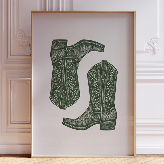 Sage Green Cowboy Boots Line Art Western Vintage Style Poster