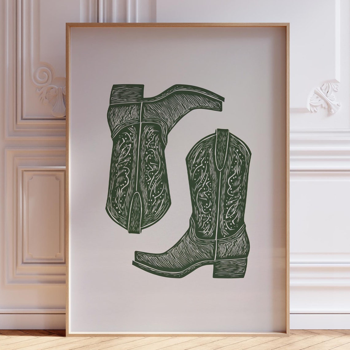 Sage Green Cowboy Boots Line Art Western Vintage Style Poster
