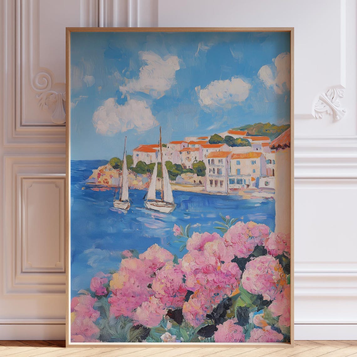 Pink Hydrangeas Sailboat Harbor Bright Blue Sky Coastal Poster