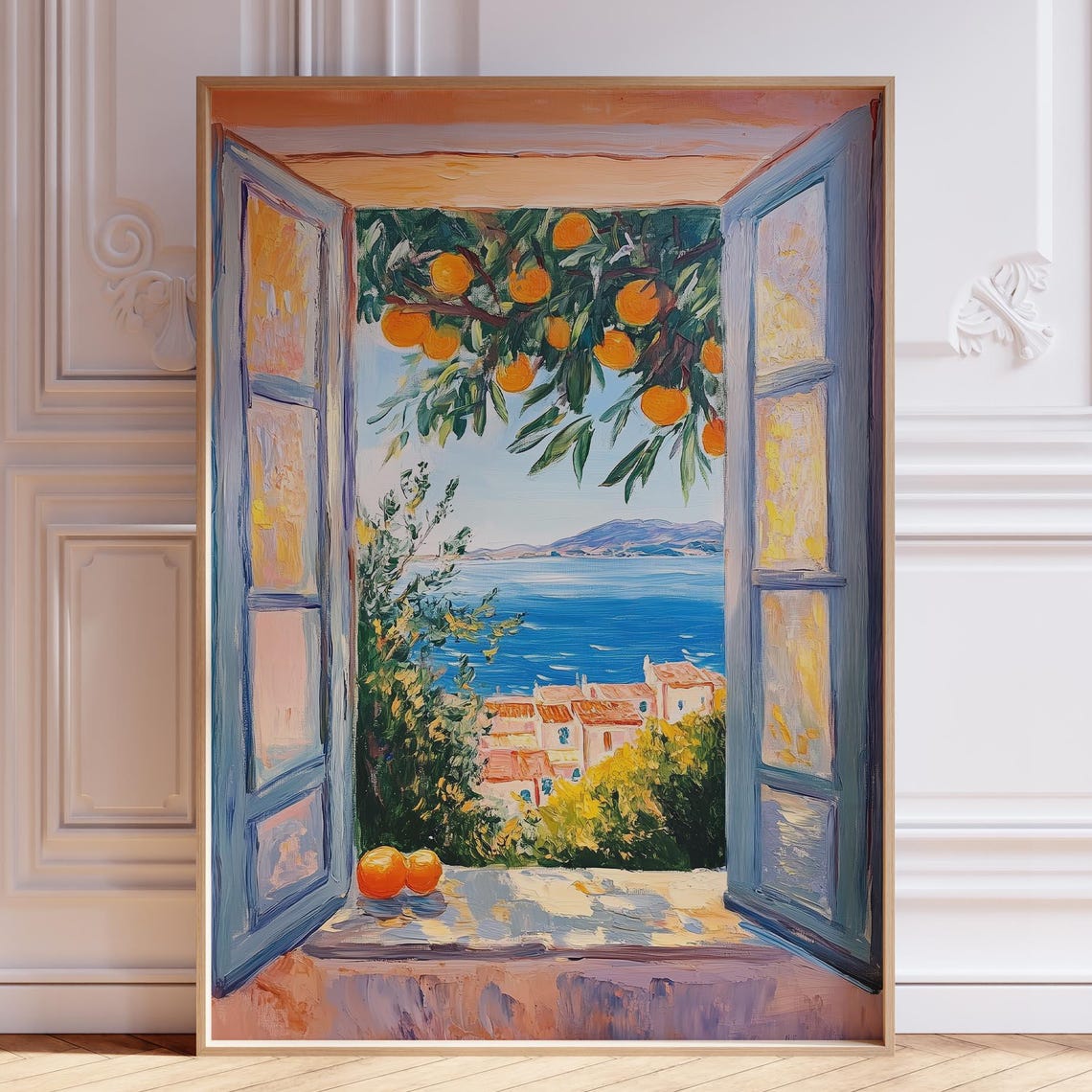 Open Window Over Mediterranean Sea Orange Tree Coastal Village Poster