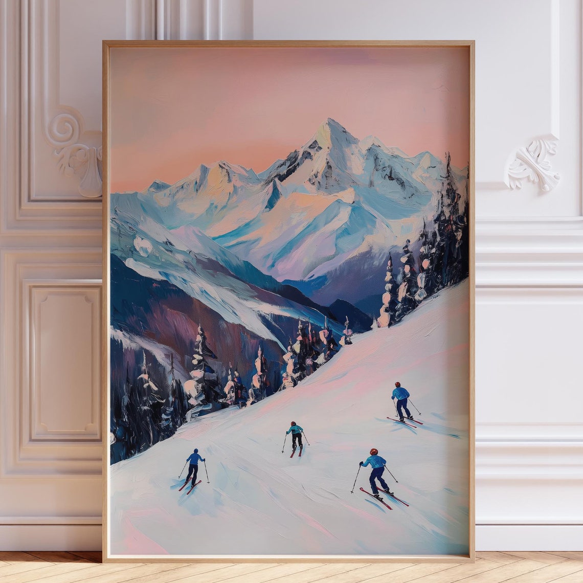 Skiers Gliding Down Pink Sunset Mountain Slope Winter Poster