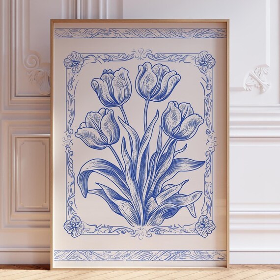 Blue Floral Print Vintage Tulip Art Light Flower Cute Nursery Boho Spring