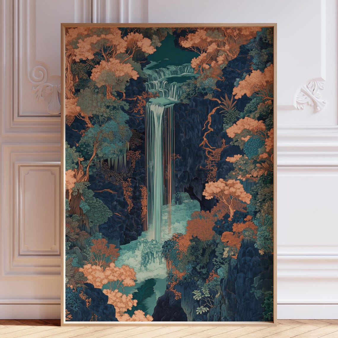 Japandi Waterfall Teal Forest Copper Autumn Trees Art Poster