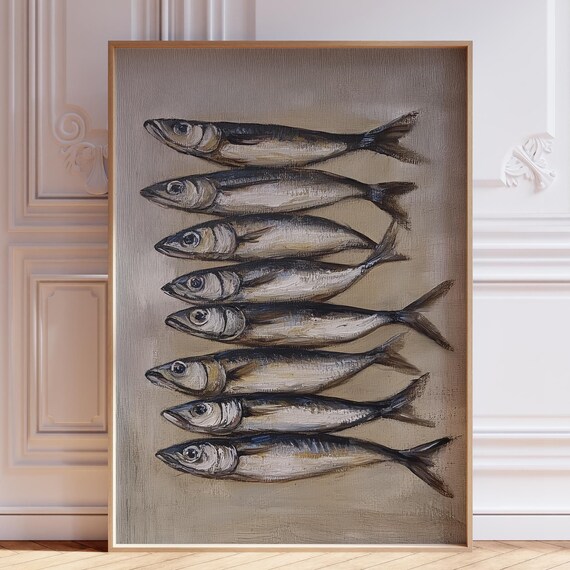 Vintage Sardine Print Sardines Wall Art Fisherman Coastal Kitchen Fish Antique