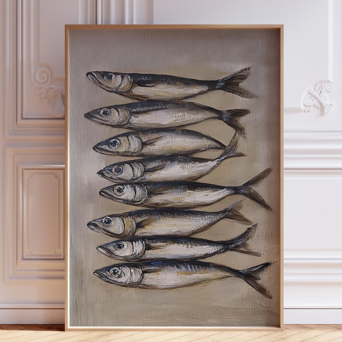 Vintage Sardine Fish Row Antique Oil Painting Coastal Kitchen Poster