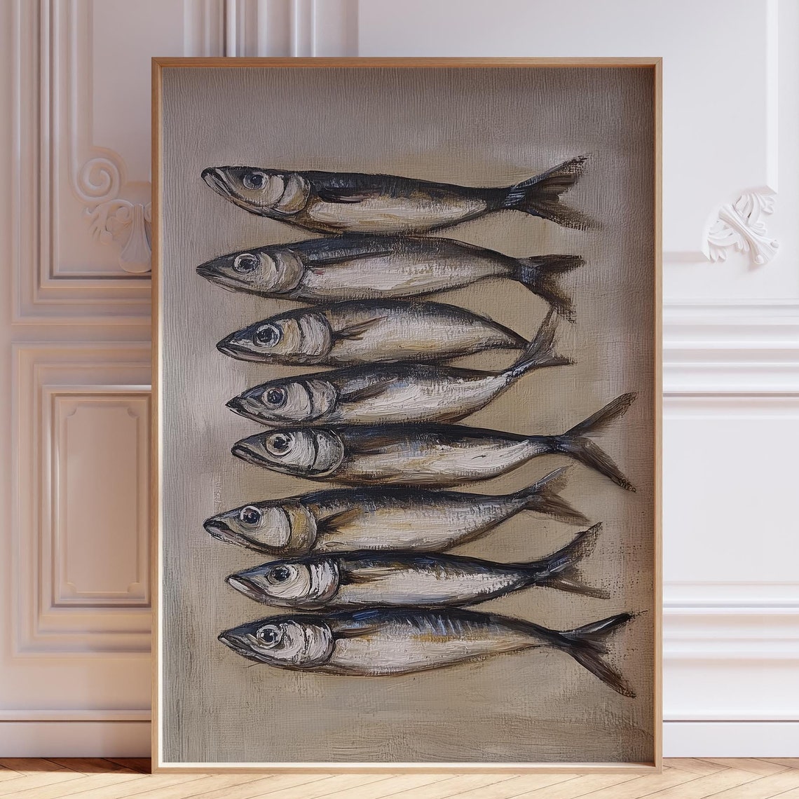 Vintage Sardines Row Painterly Fish Coastal Kitchen Art Poster