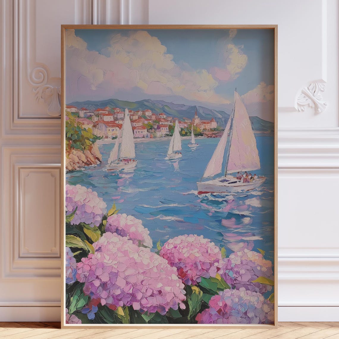 Sailboat Regatta Near Coastal Town Pink Hydrangeas Art Poster
