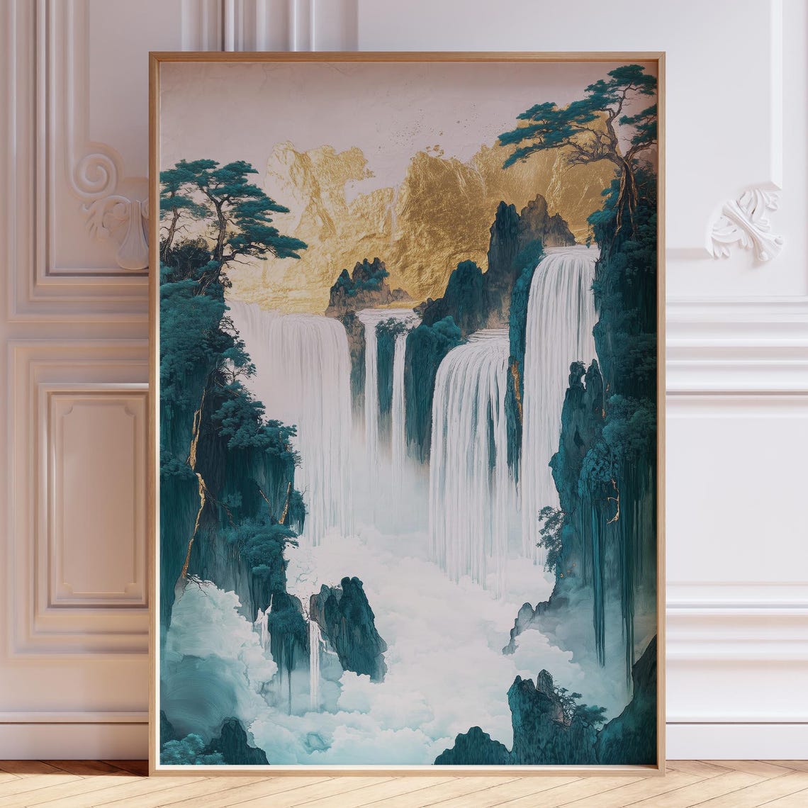 Japandi Golden Cliffs Waterfall White Cascades Spirit Art Poster