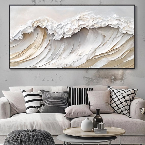 3d Texture Surf Art Neutral Tones Wave Painting Beige And White Bedroom Wall Art Modern Impasto Ocean Minimalist Sea Wave Art