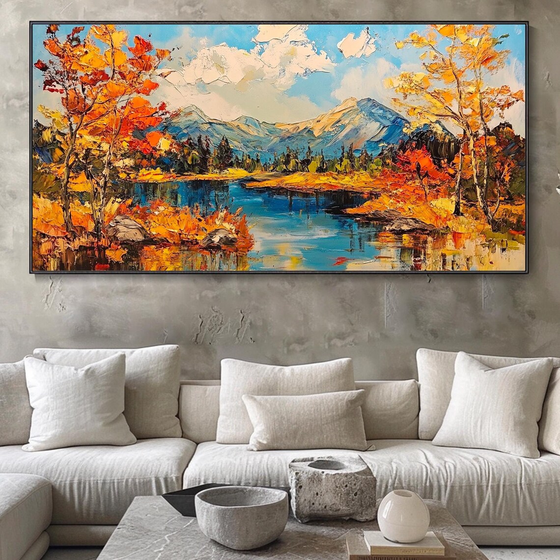 Fiery Autumn Mountain Lake Fall Foliage Impasto Oil Painting Wall Art