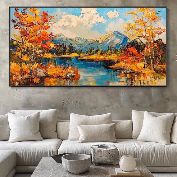 Abstract Mountain Painting 3d Textured Wall Art On Orange Forest Lake Scenery Wall Art Original Custom Large Living Room Wall Art