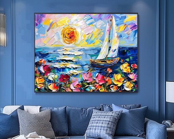Sunset Sailboat Blue Sea Colorful Wildflowers Impasto Art Poster