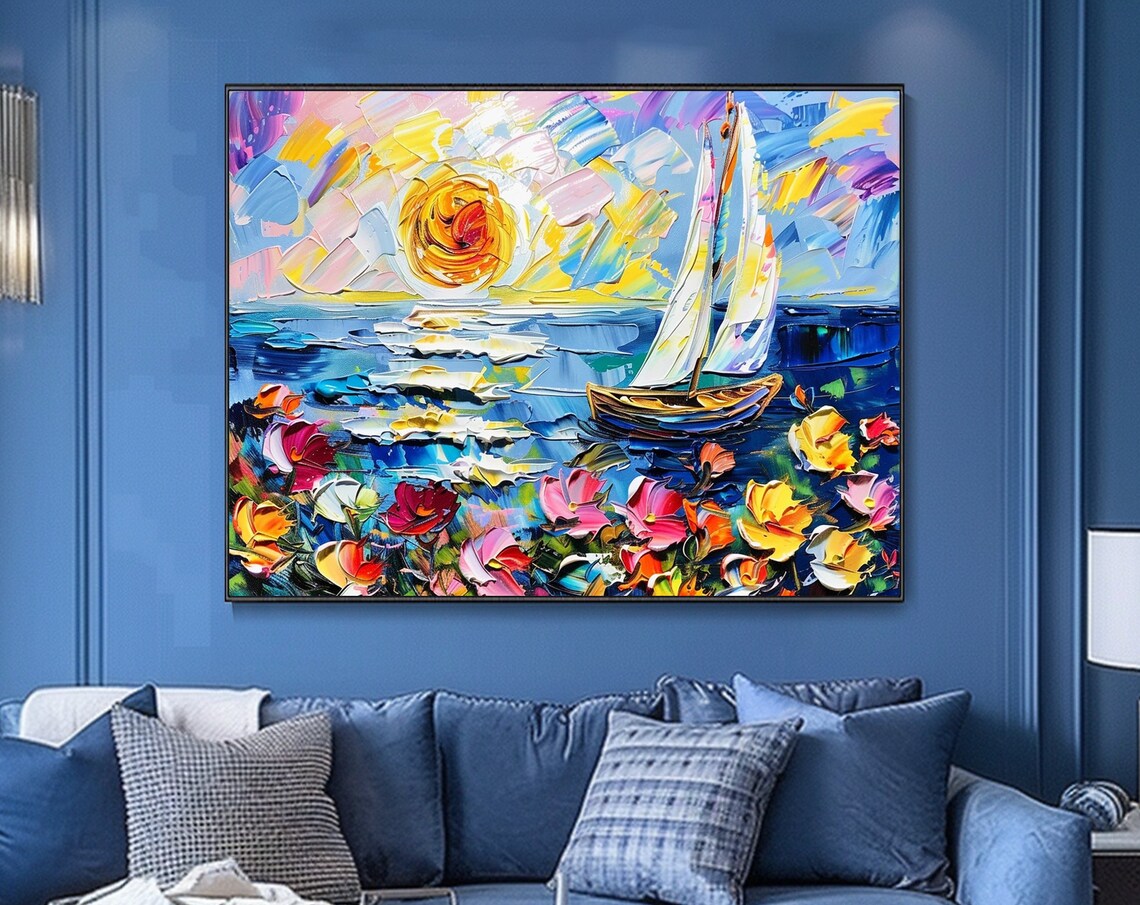 Sunset Sailboat Blue Sea Colorful Wildflowers Impasto Art Poster