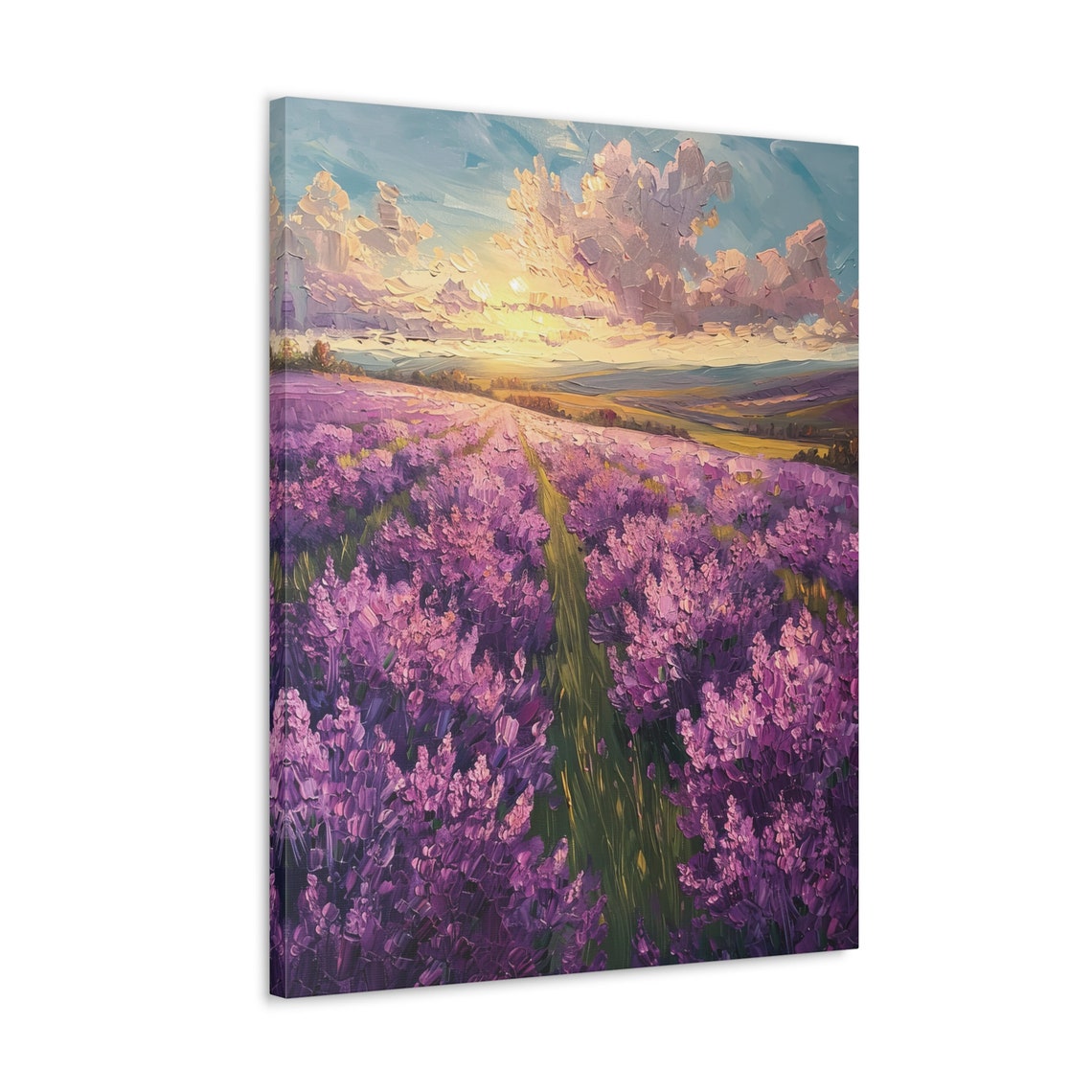 Lavender Field Path at Sunset Under Golden Cloudy Sky Poster - Image 4