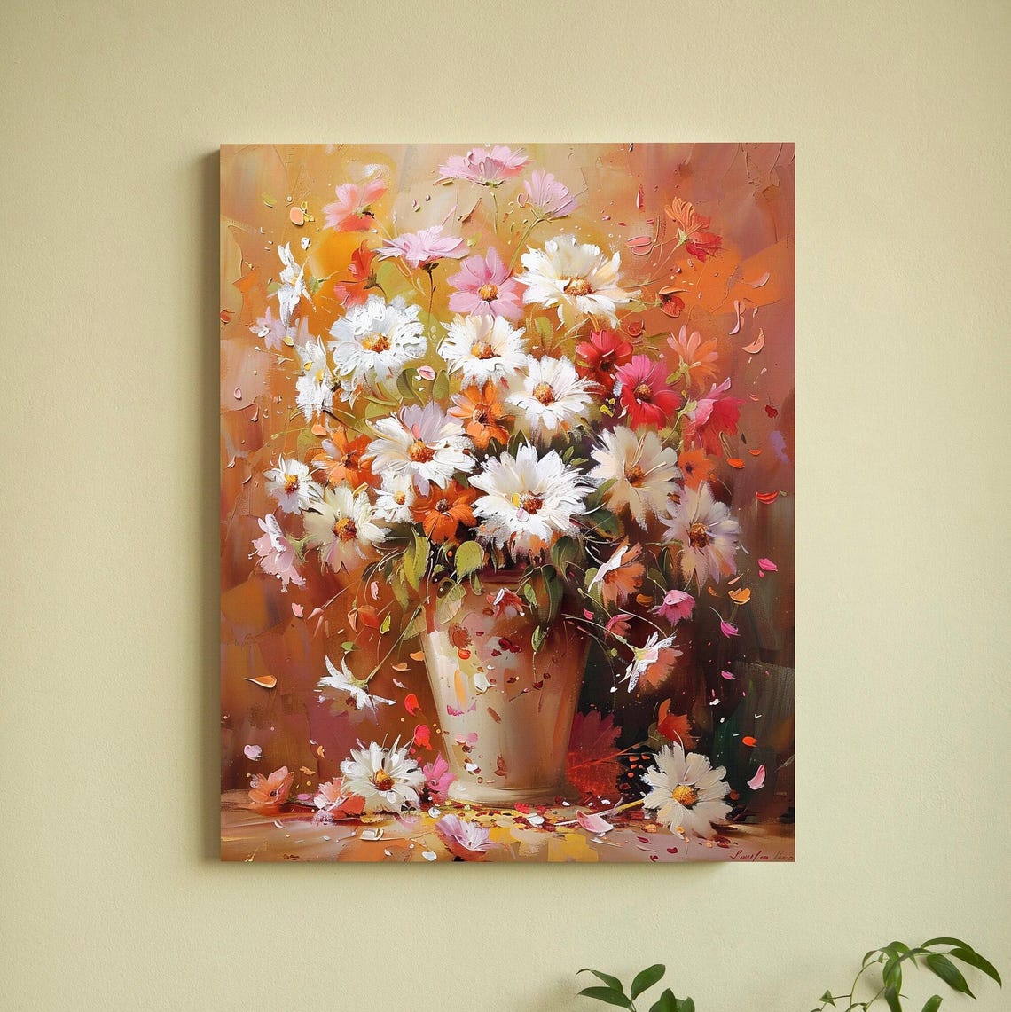 White and Pink Cosmos Bouquet in Vase with Warm Amber Glow Poster