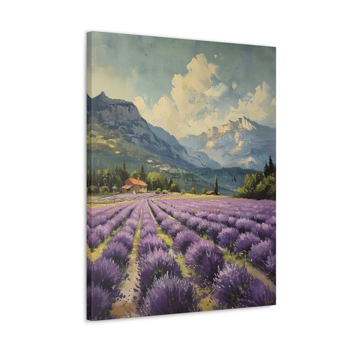 Lavender Rows Farmhouse Poster in a Mountain Valley Oil Painting - Image 4