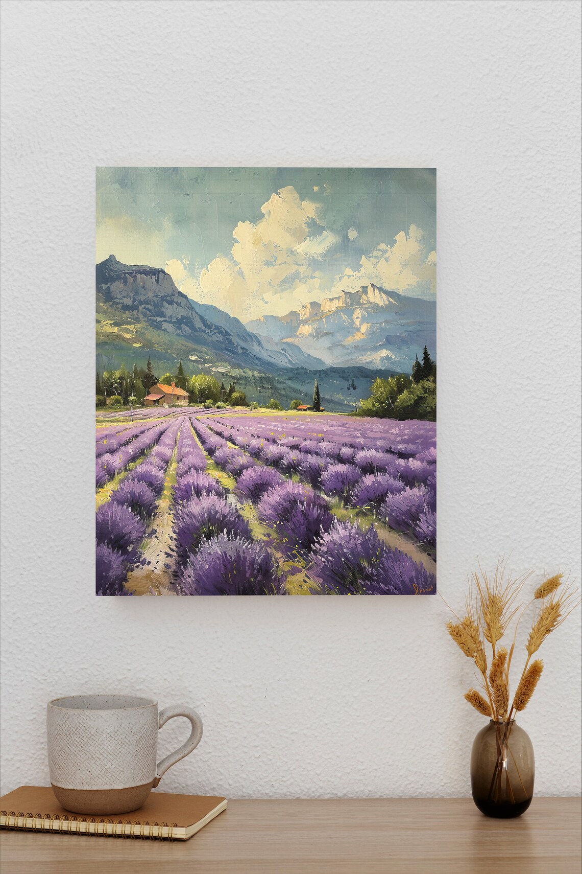Lavender Rows Farmhouse Poster in a Mountain Valley Oil Painting - Image 2