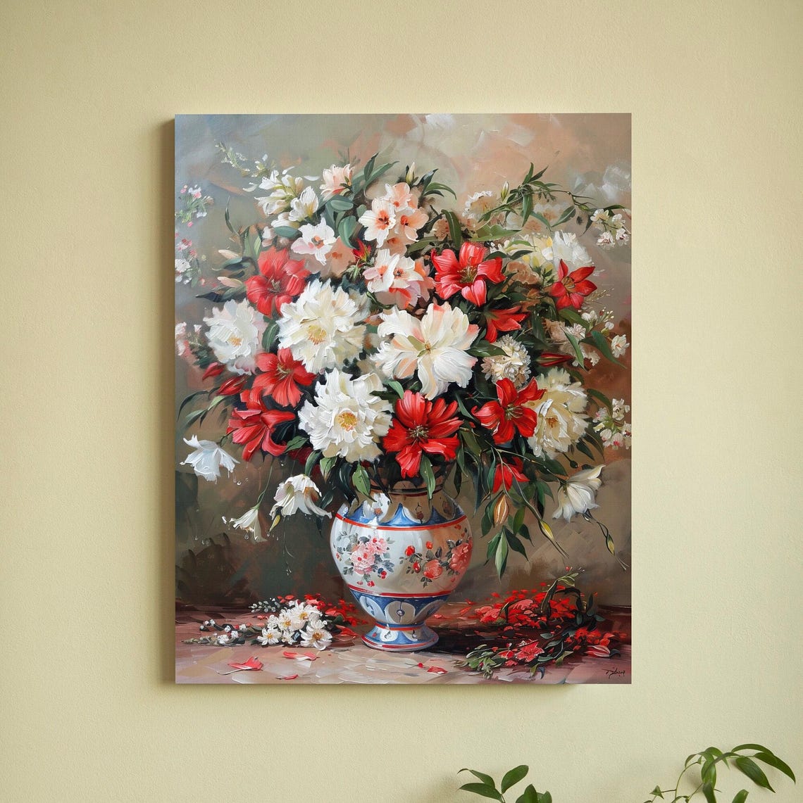 Red and White Peony Bouquet in Decorated Floral Porcelain Vase Poster