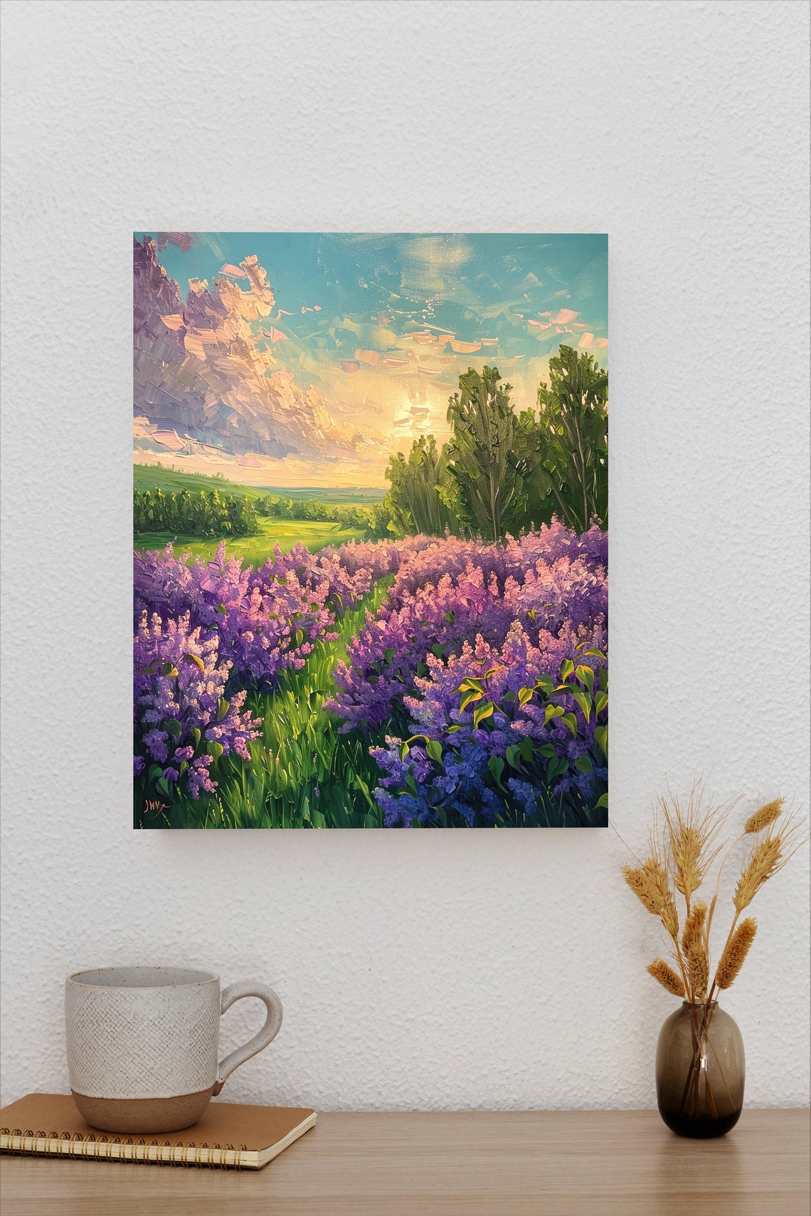 Lilac Field Sunset Green Meadow Impressionist Landscape Poster - Image 2