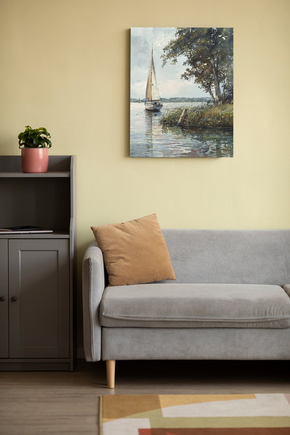 Watercolor Sailboat Poster on a Calm Lake by a Tree Lined Shore - Image 2