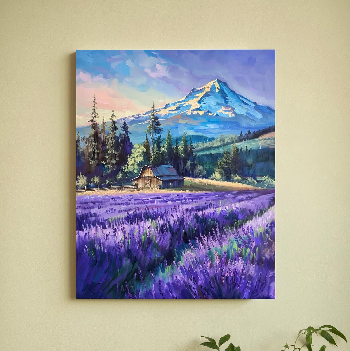 Lavender Field Barn Snowcapped Mountain Colorful Landscape Art Poster