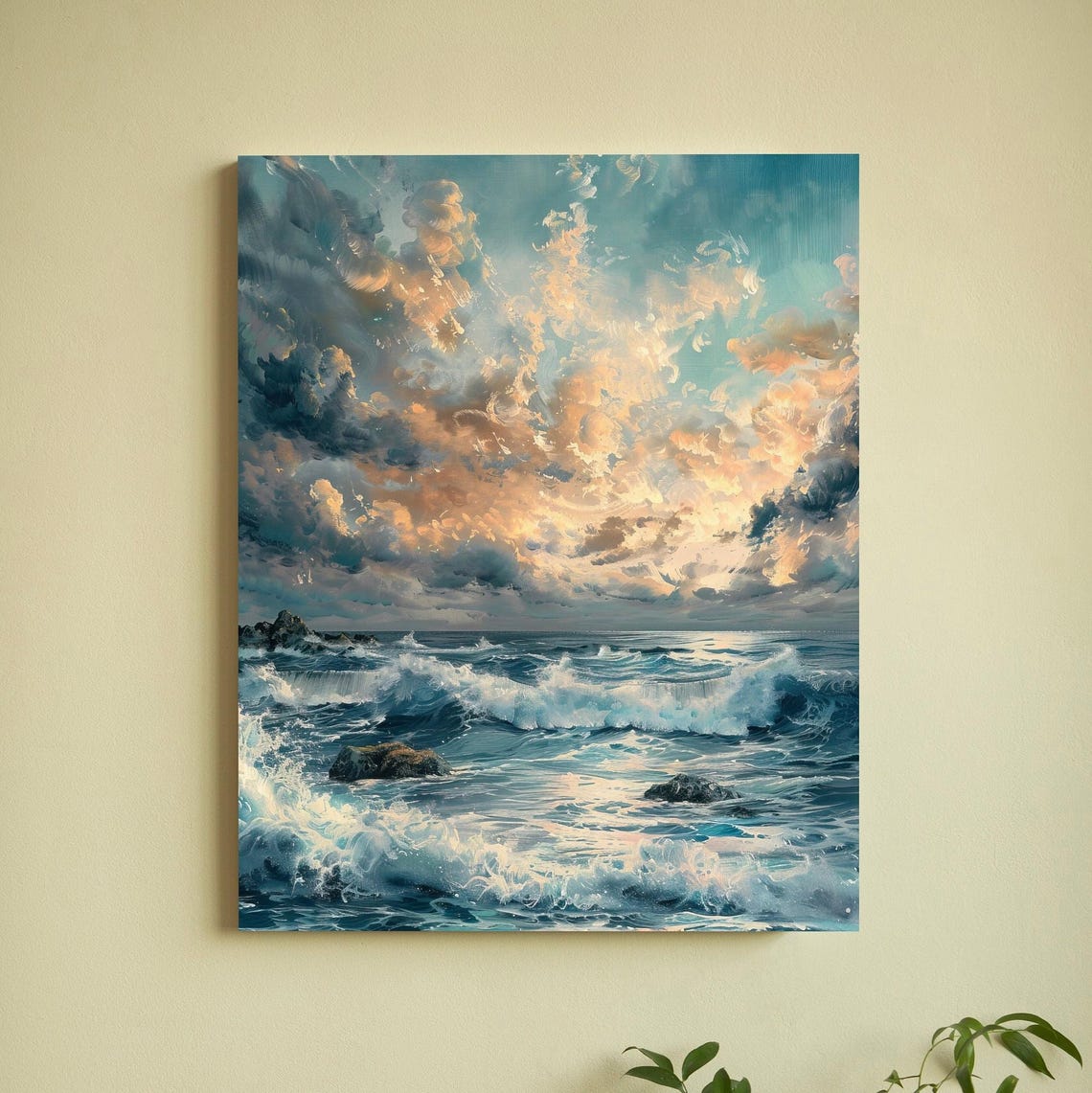 Teal Ocean Waves Poster Under a Peachy Golden Sunset Cloud Sky Scene