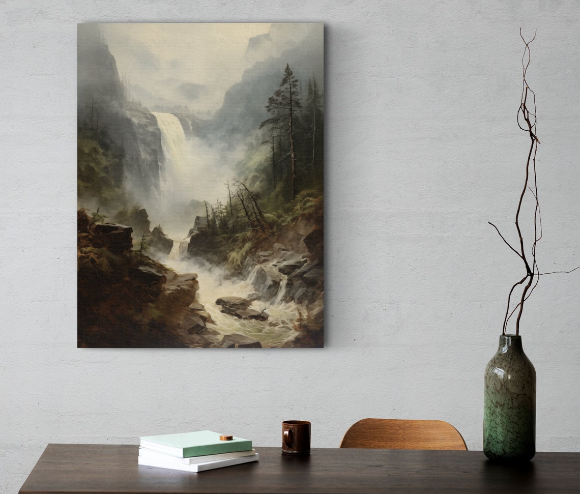 Vintage Landscape Wall Art Vintage Waterfall Art Rustic Nature Landscape River Waterfall Art Mountain Forest Wall Art - Image 4