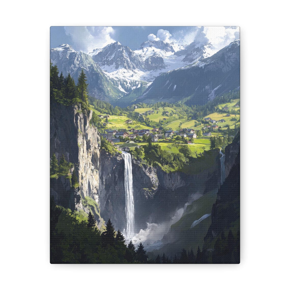Alpine Waterfall and Village Valley Beneath Snow-Capped Peaks Poster - Image 3