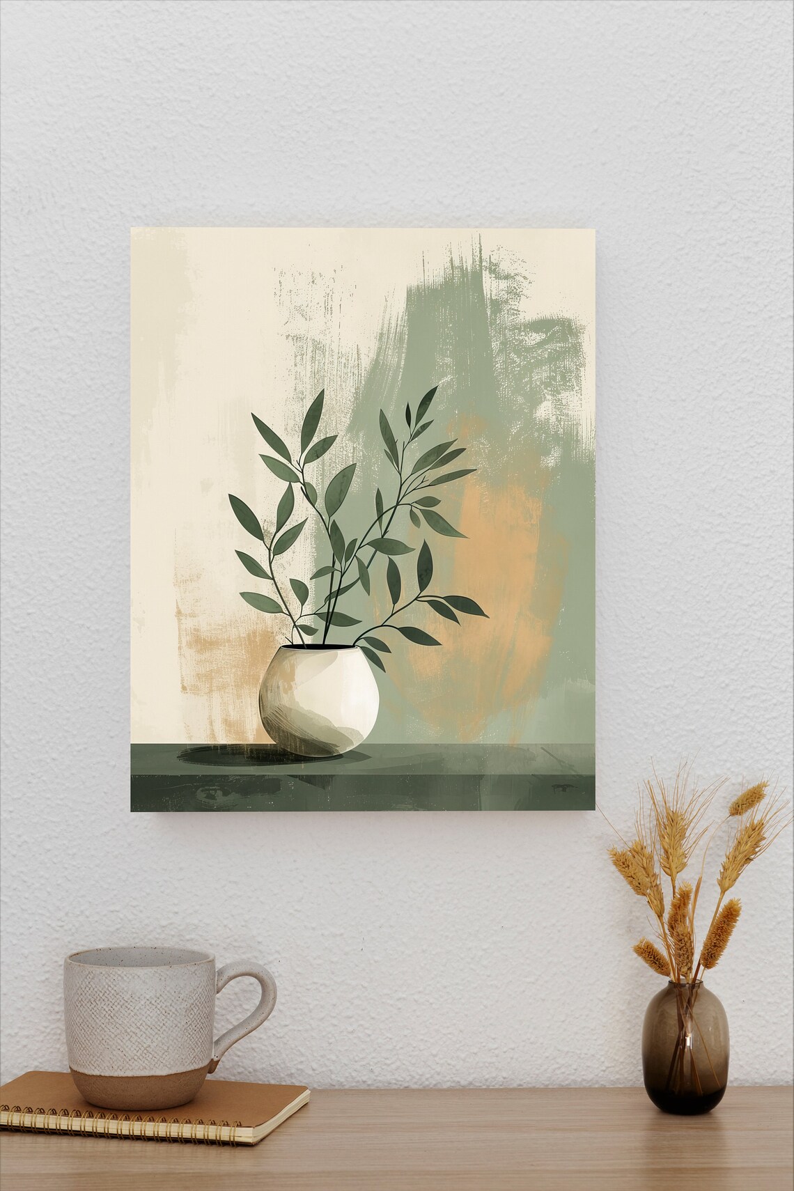 Sage Green Sprigs in White Pot with Brushstroke Background Poster - Image 2