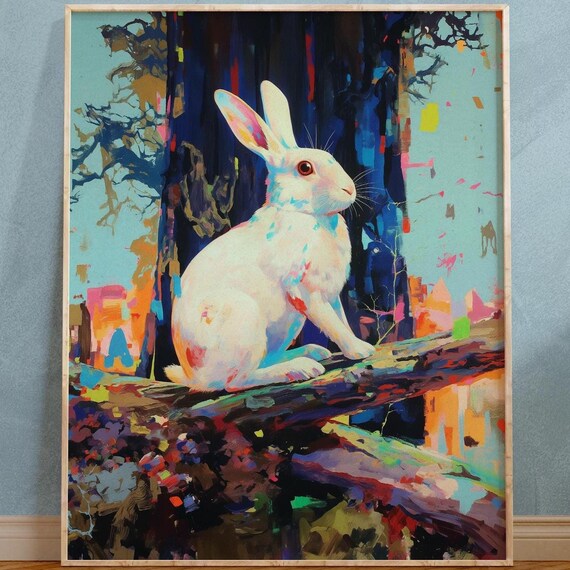White Rabbit Sitting on a Branch With Colorful Abstract Forest Poster