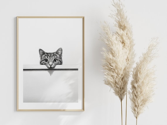 Peeking Cat Minimalist Sketch Poster Black and White Cute Feline Art