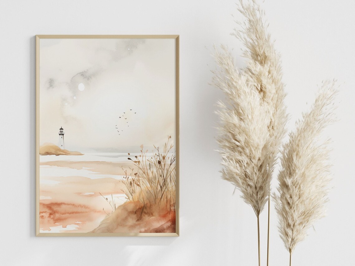 Lighthouse Watercolor Art Print, Scandi Bathroom Decor