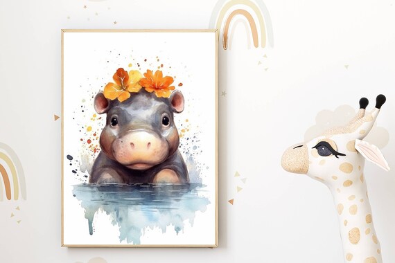 Cute Baby Hippo with Orange Flower Crown Watercolor Nursery Art Poster