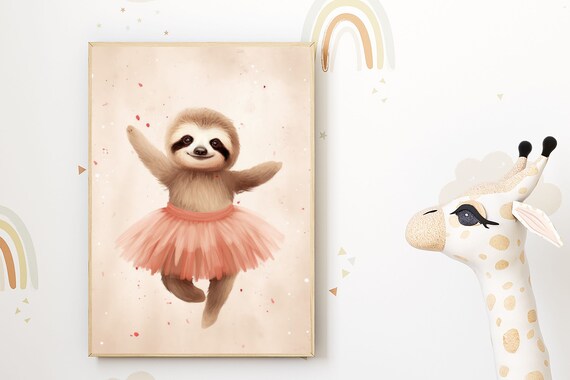 Funny Animal Nursery Art Playful Sloth In Tutu Pink Illustration Decor For Baby Room Cute Wall Neutral And Modern